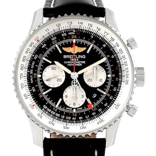 This image shows a front view of a Breitling Navitimer AB0441 Men's Stainless Steel Black Dial AB0441 Men's Stainless Steel Black Dial watch, displaying the dial, subdials, bezel, and chronograph pushers.