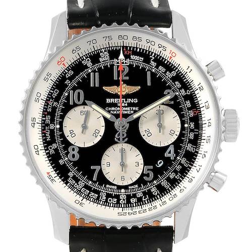 The image shows a front view of the Breitling Navitimer AB0120 Men's Stainless Steel Black Dial AB0120 Men's Stainless Steel Black Dial model, highlighting its dial, bezel, and strap.