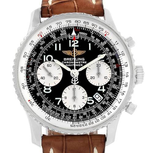 The Breitling Navitimer A23322 Men's Stainless Steel Black Dial A23322 Men's Stainless Steel Black Dial watch is shown from a front angle, displaying the dial, bezel, and brown leather strap.