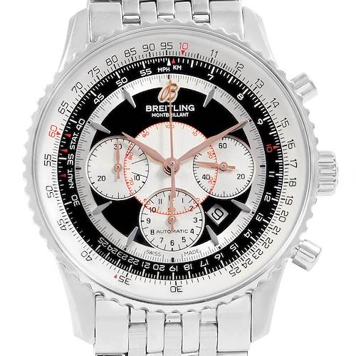 The image shows a Breitling Navitimer A41370 Men's Stainless Steel Black Dial A41370 Men's Stainless Steel Black Dial watch from the front, displaying the dial, chronograph sub-dials, and stainless-steel bracelet.