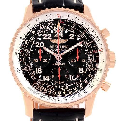 The image shows a front view of a Breitling Navitimer RB0210 Men's Rose Gold Black Dial RB0210 Men's Rose Gold Black Dial watch, featuring the face, bezel, crown, and leather strap.