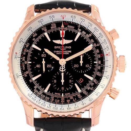 This image shows a front angle view of the Breitling Navitimer RB0127E6-BF16-760P Men's Rose Gold Black Dial RB0127E6-BF16-760P Men's Rose Gold Black Dial watch, highlighting its dial, bezel, and chronograph features with a leather strap.