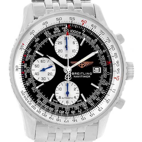 The image shows a front view of a Breitling Navitimer A13322 Men's Stainless Steel Black Dial A13322 Men's Stainless Steel Black Dial watch featuring a black dial with three sub-dials and a date window.