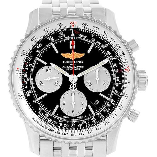The Breitling Navitimer AB0120 Men's Stainless Steel Black Dial AB0120 Men's Stainless Steel Black Dial watch is shown from the front, displaying its dial and stainless steel bracelet.