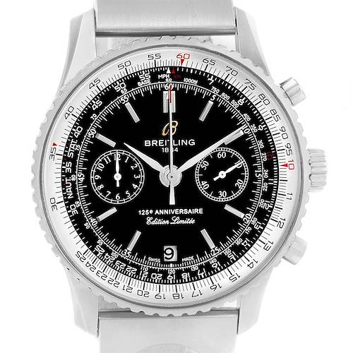 This image shows a front view of a Breitling Navitimer A26322 Men's Stainless Steel Black Dial A26322 Men's Stainless Steel Black Dial watch, highlighting its dial, chronograph sub-dials, and date window.