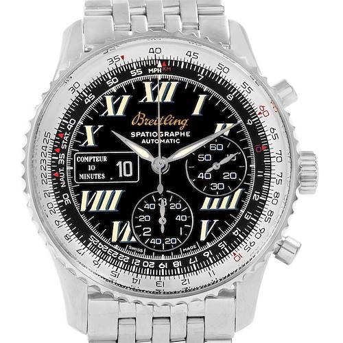 The image shows a front view of a Breitling Navitimer A36030 Men's Stainless Steel Black Dial A36030 Men's Stainless Steel Black Dial watch, highlighting its dial, bezel, and part of the bracelet.