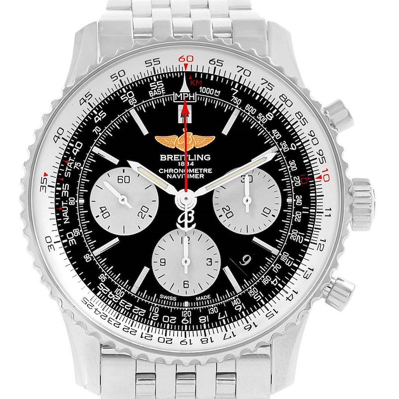 The Breitling Navitimer AB0120 Men's Stainless Steel Black Dial AB0120 Men's Stainless Steel Black Dial watch is shown from the front, highlighting its dial, subdials, bezel, and bracelet.