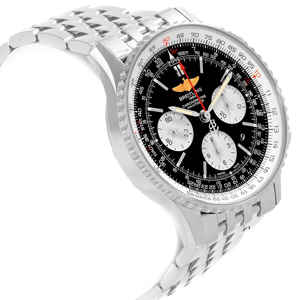 The image shows a Breitling Navitimer AB0120 Men's Stainless Steel Black Dial AB0120 Men's Stainless Steel Black Dial watch at a slight angle, highlighting the dial, bezel, and part of the metal bracelet.