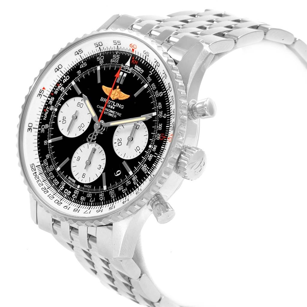 The image shows a Breitling Navitimer AB0120 Men's Stainless Steel Black Dial AB0120 Men's Stainless Steel Black Dial watch at an angle, highlighting the face, bezel, crown, pushers, and bracelet.