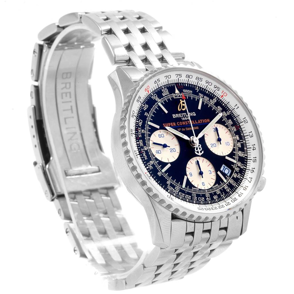 The image shows a Breitling Navitimer A23322 Men's Stainless Steel Black Dial A23322 Men's Stainless Steel Black Dial watch at a side angle, highlighting the face, bezel, and metal bracelet.