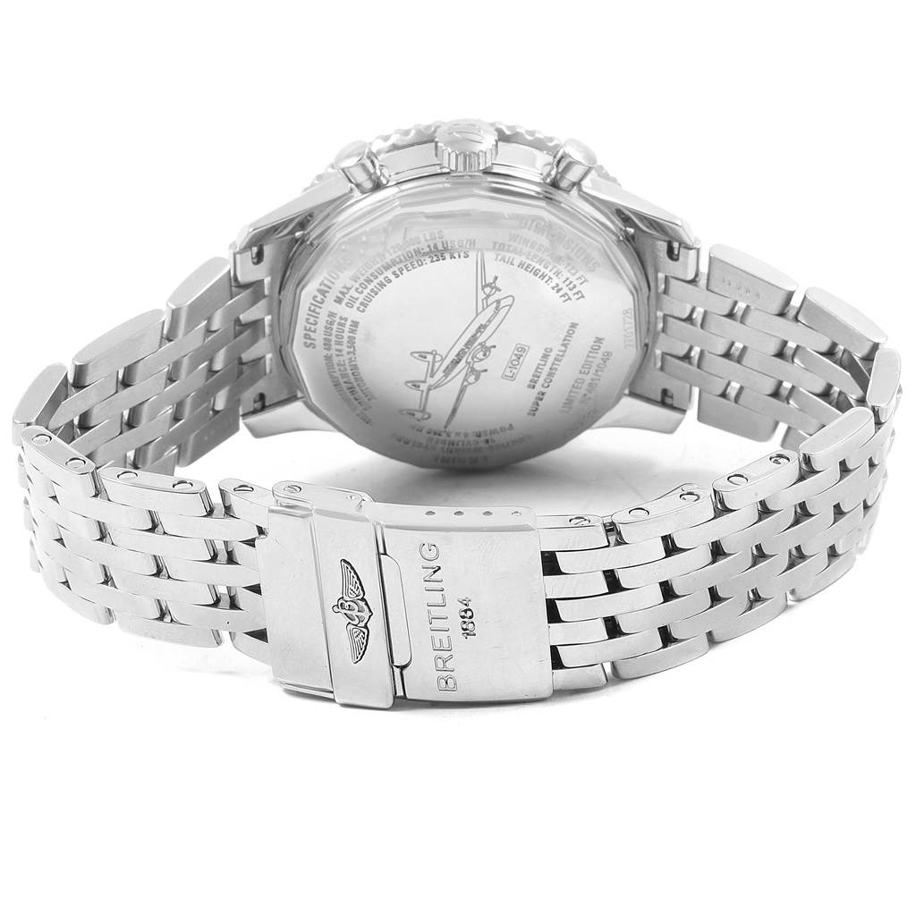 This image shows the back view of a Breitling Navitimer A23322 Men's Stainless Steel Black Dial A23322 Men's Stainless Steel Black Dial watch, highlighting its stainless steel bracelet and clasp.