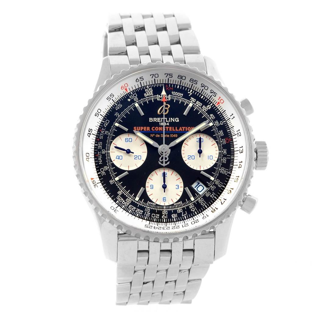 The image shows a frontal view of a Breitling Navitimer A23322 Men's Stainless Steel Black Dial A23322 Men's Stainless Steel Black Dial watch, highlighting its dial, bezel, and metal bracelet.