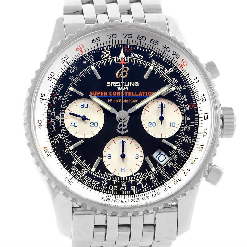 This image shows the face and part of the bracelet of a Breitling Navitimer A23322 Men's Stainless Steel Black Dial A23322 Men's Stainless Steel Black Dial Super Constellation watch.