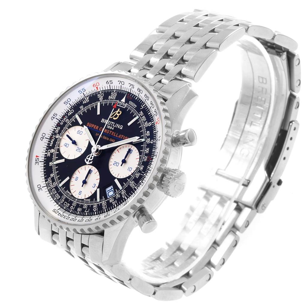 The image shows a Breitling Navitimer A23322 Men's Stainless Steel Black Dial A23322 Men's Stainless Steel Black Dial watch at an angled view, highlighting the face, bezel, crown, pushers, and part of the bracelet.