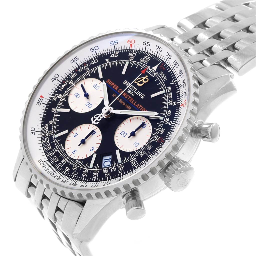 The image shows a Breitling Navitimer A23322 Men's Stainless Steel Black Dial A23322 Men's Stainless Steel Black Dial watch at a slight angle, focusing on the dial, bezel, crown, and stainless steel bracelet.