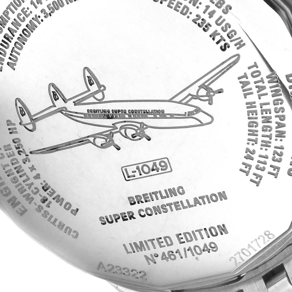 This image shows the back case of a Breitling Navitimer A23322 Men's Stainless Steel Black Dial A23322 Men's Stainless Steel Black Dial model, engraved with a limited edition number and an aircraft illustration.
