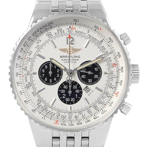 The image shows a frontal view of a Breitling Navitimer A35350 Men's Stainless Steel Silver Dial A35350 Men's Stainless Steel Silver Dial Heritage watch, displaying its dial, bezel, and part of its bracelet.