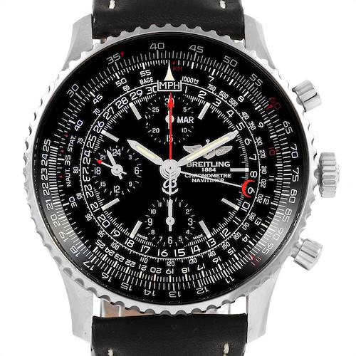 This image shows a close-up view of the dial and bezel of a Breitling Navitimer A21350 Men's Stainless Steel Black Dial A21350 Men's Stainless Steel Black Dial watch, including the chronograph sub-dials and tachymeter scale.