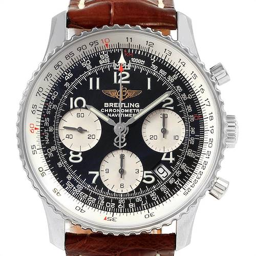 This image shows a frontal view of a Breitling Navitimer A23322 Men's Stainless Steel Black Dial A23322 Men's Stainless Steel Black Dial watch, displaying its dial, subdials, bezel, and brown leather strap.