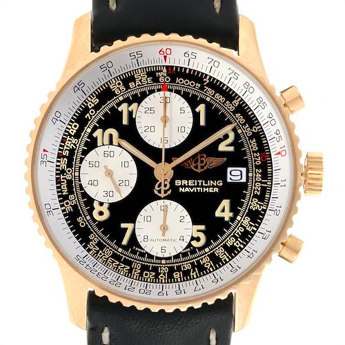 The image shows a frontal view of a Breitling Navitimer K13022 Men's Yellow Gold Black Dial K13022 Men's Yellow Gold Black Dial watch featuring a black dial, three sub-dials, and a black leather strap.