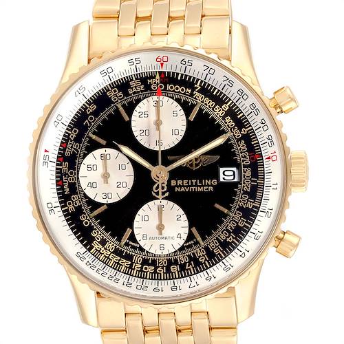 The image shows a front view of a Breitling Navitimer K13022 Men's Yellow Gold Black Dial K13022 Men's Yellow Gold Black Dial watch, displaying its dial, chronograph sub-dials, date window, and gold bracelet.