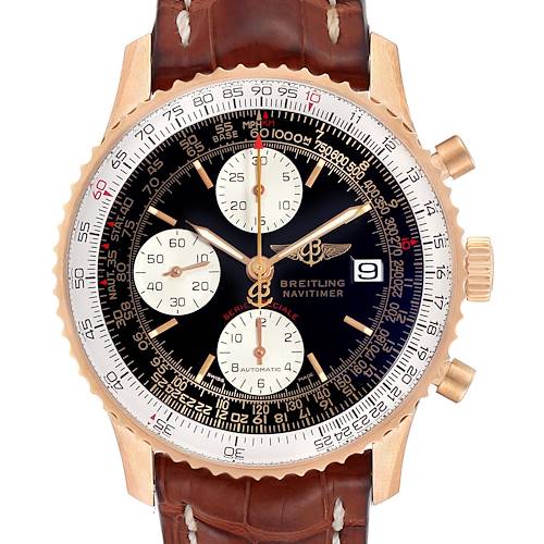 The image shows a front view of a Breitling Navitimer H13330 Men's Yellow Gold Black Dial H13330 Men's Yellow Gold Black Dial watch, highlighting the dial, bezel, sub-dials, and brown leather strap.