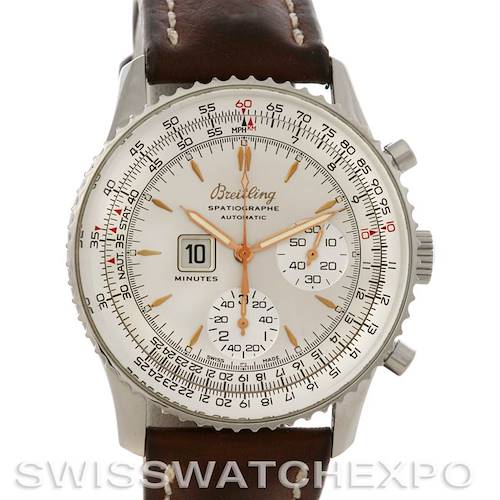 The image shows a front view of a Breitling Navitimer A36030 Men's Stainless Steel Silver Dial A36030 Men's Stainless Steel Silver Dial watch with a white dial, brown leather strap, and multiple subdials.