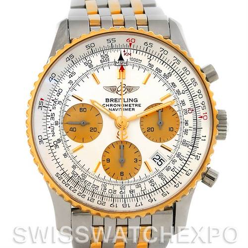 This image shows a front view of a Breitling Navitimer D23322 Men's Stainless Steel Silver Dial D23322 Men's Stainless Steel Silver Dial watch, highlighting its dial, bezel, and bracelet.