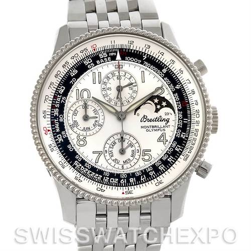 The Breitling Navitimer A19350 Men's Stainless Steel Silver Dial A19350 Men's Stainless Steel Silver Dial Montbrillant Olympus watch is shown from a front angle, displaying its dial, bezel, and bracelet.