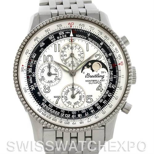 This image shows a front view of the Breitling Navitimer A19350 Men's Stainless Steel Silver Dial A19350 Men's Stainless Steel Silver Dial Montbrillant Olympus watch, including its dial and stainless steel bracelet.