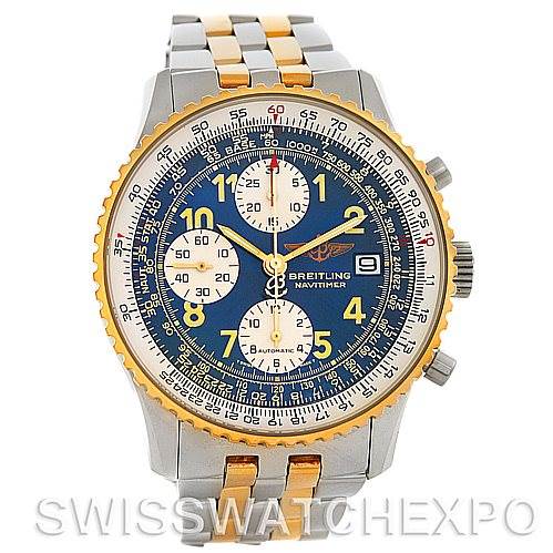 The image shows a front view of a Breitling Navitimer D13022 Men's Stainless Steel Blue Dial D13022 Men's Stainless Steel Blue Dial watch, displaying its blue dial, gold bezel, and stainless steel and gold bracelet.