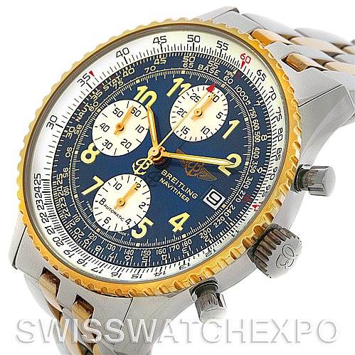 The image shows a Breitling Navitimer D13022 Men's Stainless Steel Blue Dial D13022 Men's Stainless Steel Blue Dial watch at an angled close-up, highlighting the dial, pushers, and part of the bracelet.