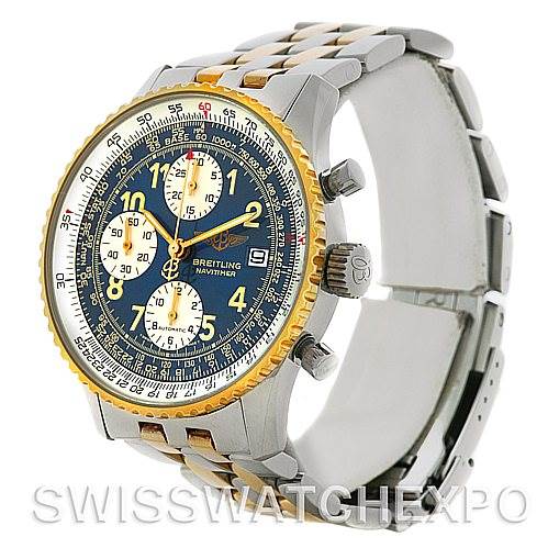 The Breitling Navitimer D13022 Men's Stainless Steel Blue Dial D13022 Men's Stainless Steel Blue Dial watch is shown at a slight angle, highlighting its face, side buttons, and part of the metal bracelet.