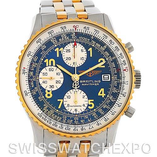 The image shows a front view of the Breitling Navitimer D13022 Men's Stainless Steel Blue Dial D13022 Men's Stainless Steel Blue Dial watch, displaying its face, bezel, and part of the metal bracelet.
