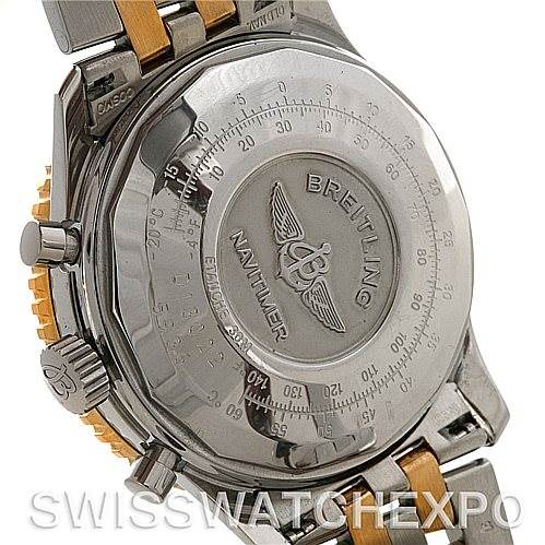 This image shows the back case of a Breitling Navitimer D13022 Men's Stainless Steel Blue Dial D13022 Men's Stainless Steel Blue Dial watch, highlighting the engraved detailing and a portion of the bracelet.