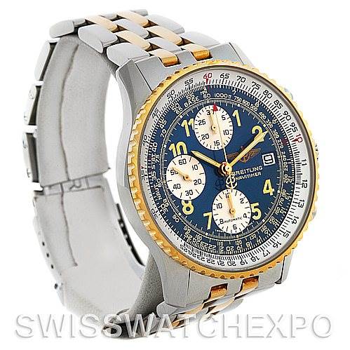 The image shows a Breitling Navitimer D13022 Men's Stainless Steel Blue Dial D13022 Men's Stainless Steel Blue Dial watch at a slight angle, emphasizing its face, bezel, and part of its bracelet.
