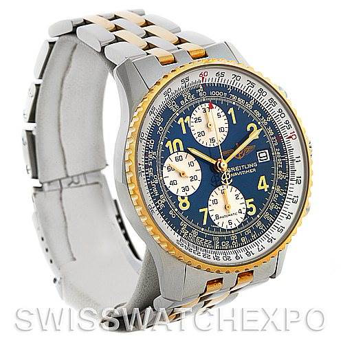 The image shows a Breitling Navitimer D13022 Men's Stainless Steel Blue Dial D13022 Men's Stainless Steel Blue Dial watch at a slight angle, emphasizing its face, bezel, and part of its bracelet.