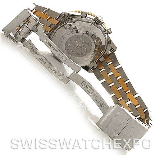 The image shows the back and part of the bracelet of a Breitling Navitimer D13022 Men's Stainless Steel Blue Dial D13022 Men's Stainless Steel Blue Dial watch, highlighting its stainless steel bracelet and deployment clasp.