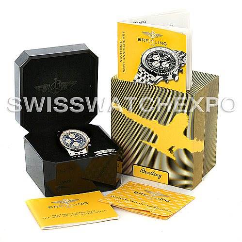 The image shows a Breitling Navitimer D13022 Men's Stainless Steel Blue Dial D13022 Men's Stainless Steel Blue Dial watch at a slight angle, accompanied by its branded box, manuals, and warranty booklet.