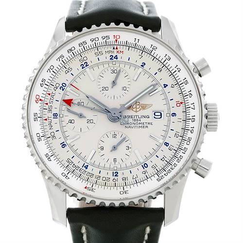 The image shows a frontal view of the Breitling Navitimer A24322 Men's Stainless Steel Silver Dial A24322 Men's Stainless Steel Silver Dial watch, displaying its dial, bezel, and chronograph sub-dials.
