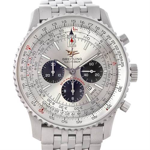 The image shows a front view of the Breitling Navitimer A41322 Men's Stainless Steel Silver Dial A41322 Men's Stainless Steel Silver Dial model watch, featuring a stainless steel band, three subdials, and a date window.