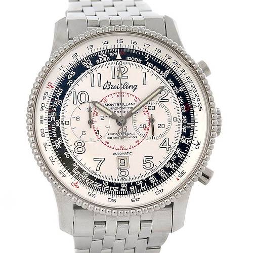 This image shows a Breitling Navitimer A35330 Men's Stainless Steel Silver Dial A35330 Men's Stainless Steel Silver Dial watch from a frontal angle, detailing the dial, bezel, and part of the bracelet.