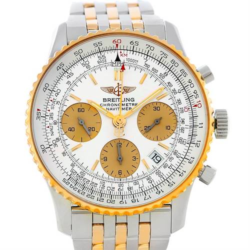 The image shows a front view of a Breitling Navitimer D23322 Men's Stainless Steel Silver Dial D23322 Men's Stainless Steel Silver Dial watch with a gold and silver bezel and strap, and three subdials.