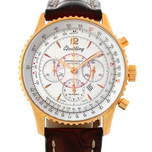 The Navitimer watch by Breitling is shown from a front angle, featuring its dial, chronograph sub-dials, bezel, and leather strap.