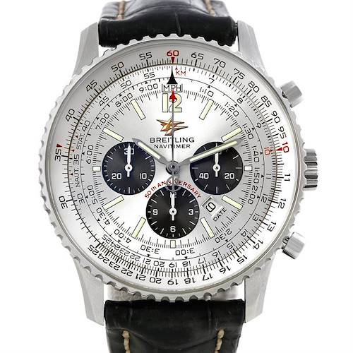 The image shows the front view of a Breitling Navitimer A41322 Men's Stainless Steel Silver Dial A41322 Men's Stainless Steel Silver Dial watch, highlighting its dial, bezel, and chronograph subdials.