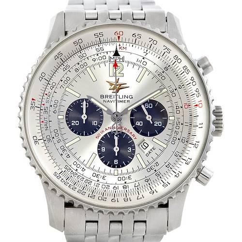 The image shows a front view of a Breitling Navitimer A41322 Men's Stainless Steel Silver Dial A41322 Men's Stainless Steel Silver Dial watch, displaying the dial, bezel, crown, and part of the metal bracelet.