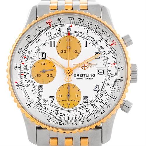 This image shows a Breitling Navitimer D13322 Men's Stainless Steel Silver Dial D13322 Men's Stainless Steel Silver Dial watch from a front angle, highlighting its face, bezel, and part of the bracelet.