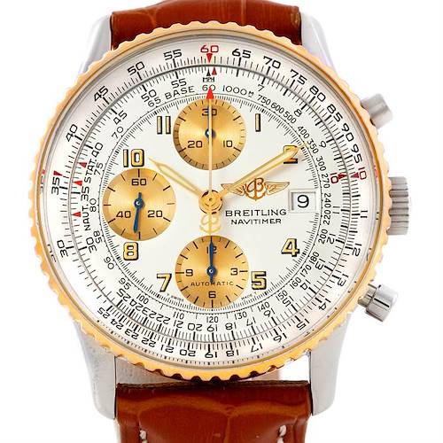 This image shows a close-up view of the front of a Breitling Navitimer B13019 Men's Stainless Steel Silver Dial B13019 Men's Stainless Steel Silver Dial watch, highlighting the intricate dial and chronograph features.