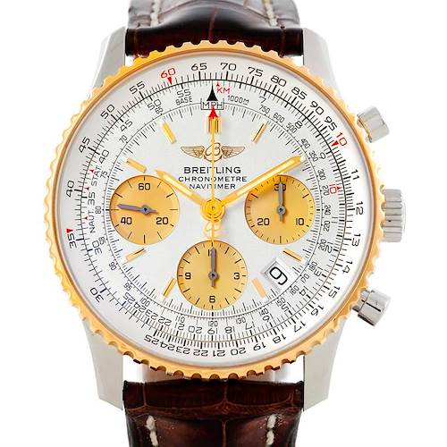The image shows a Breitling Navitimer D23322 Men's Stainless Steel Silver Dial D23322 Men's Stainless Steel Silver Dial watch face and bezel at a straight-on angle.