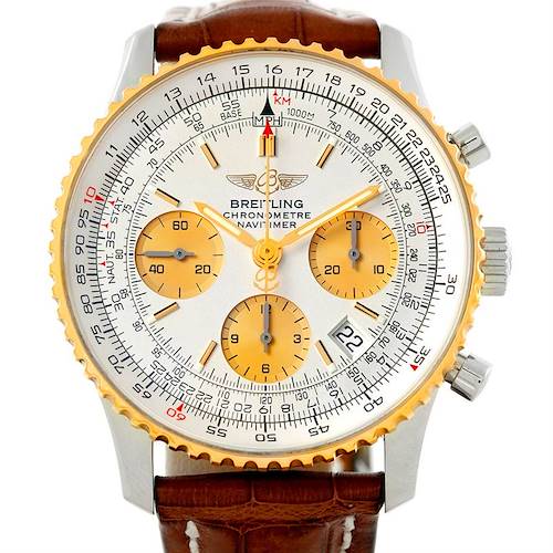 The image shows a front view of the Breitling Navitimer D23322 Men's Stainless Steel Silver Dial D23322 Men's Stainless Steel Silver Dial watch, highlighting its dial, bezel, chronograph subdials, and brown leather strap.